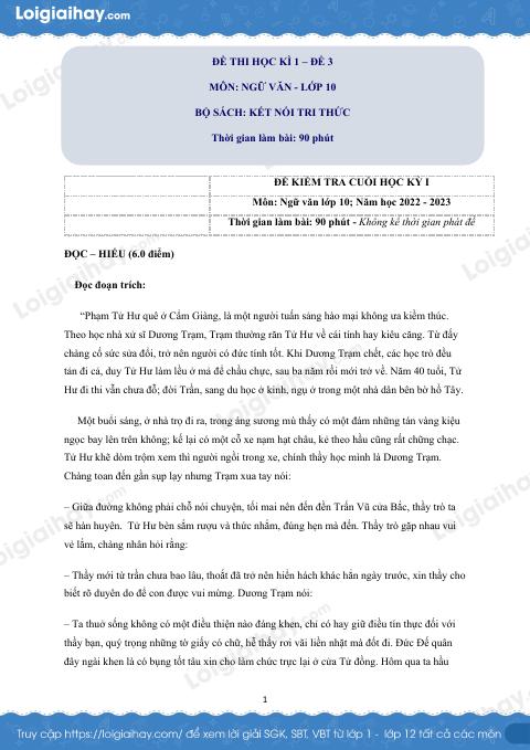 Đề thi học kì 1 Văn 10 Kết nối tri thức - Đề số 3